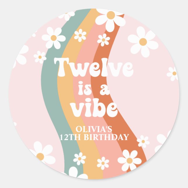 Pegatina Redonda Doce arcoiris retro es un día de vida 12 cumpleaño (Anverso)