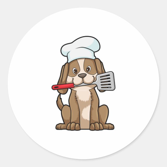 Pegatina Redonda Dog as Cook with Chef's hat & Spatula (Anverso)