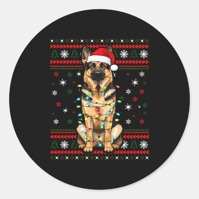 Pegatina Redonda Dog Christmas, German Shepherd Christmas Lights Ug (Anverso)