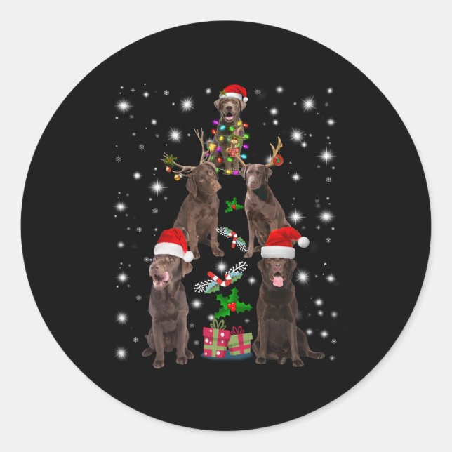 Pegatina Redonda Dog Lover | Árbol de Navidad Chocolate Labrador (Anverso)