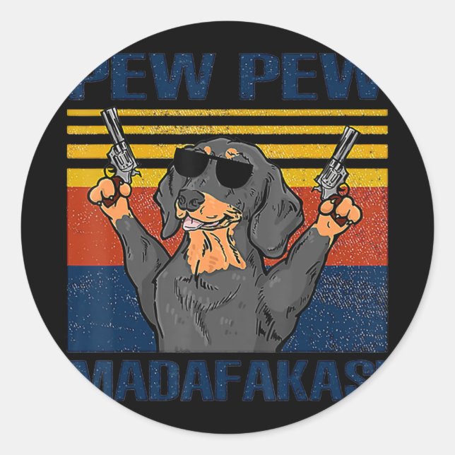 Pegatina Redonda Dog Lovers | Dachshund Pew Pew Vintage (Anverso)