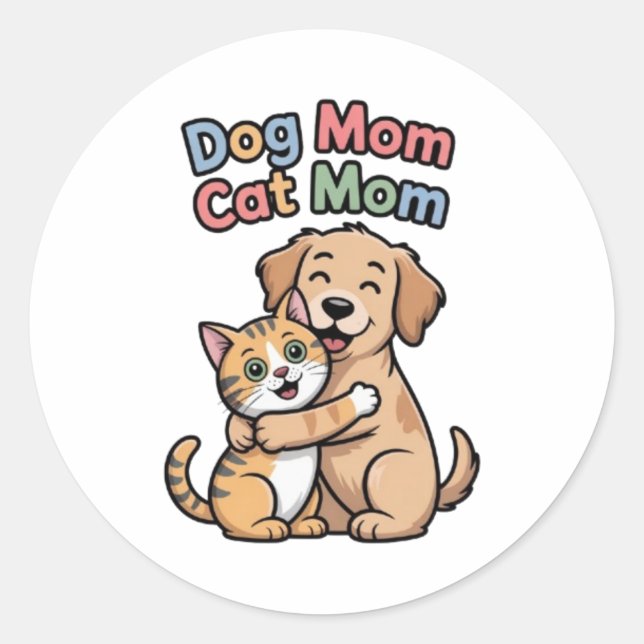Pegatina Redonda Dog Mom Cat Mom Cute Dog And Cat Hug Sticker Pet L (Anverso)