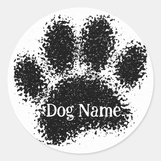 Pegatina Redonda Dog Paw Print Custom Name Rubber Stamp Effect (Anverso)