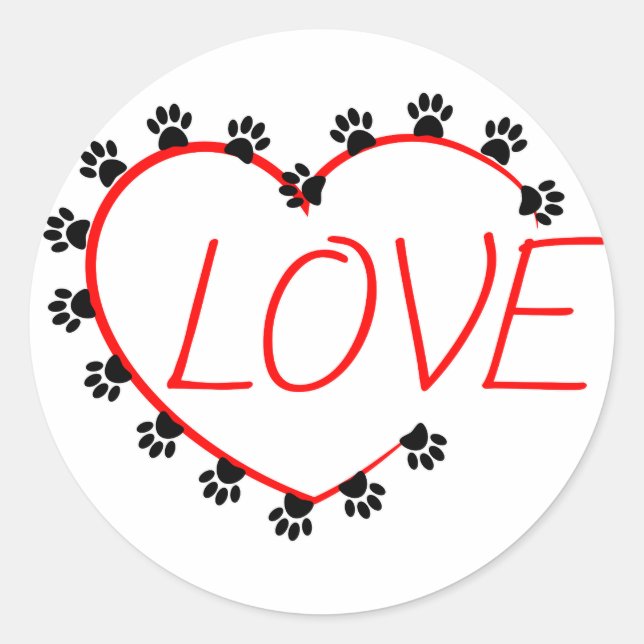 Pegatina Redonda Dog Paws Red Heart Love (Anverso)