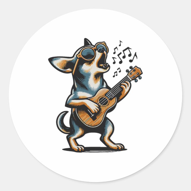 Pegatina Redonda Dog Playing Guitar Singing Chihuahua Funny Dog Mar (Anverso)