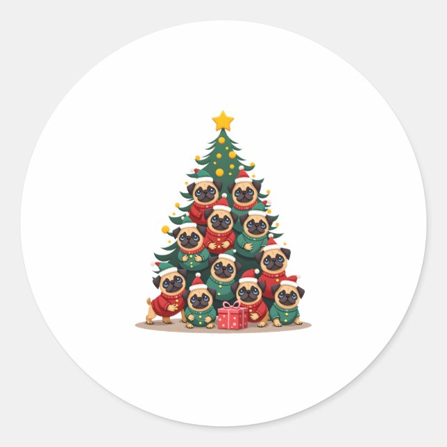 Pegatina Redonda Dog Pugs Christmas Tree Cute Xmas (2) (Anverso)