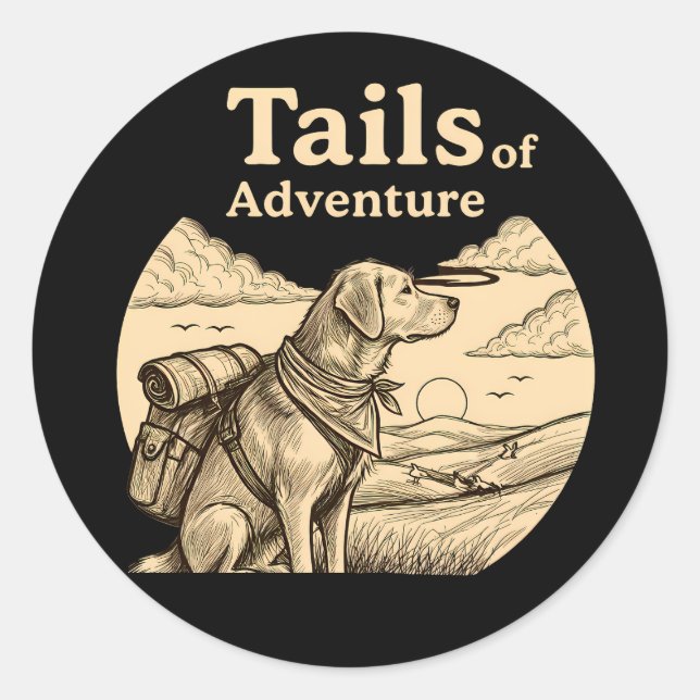 Pegatina Redonda Dog Tails of Adventure Funny Dog Lover Hiking  (Anverso)