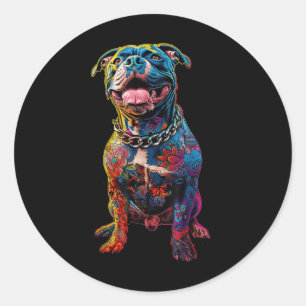 Pegatina Redonda Dog Tattoos Pitbull Tattooed Colorful Tattooed Dog