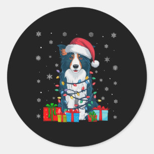 Pegatina Redonda Dog Ugly Xmas Encender Santa Hat Border Collie Dog