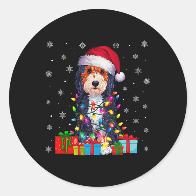 Pegatina Redonda Dog Ugly Xmas enciende Santa Hat Bernedoodle Dog C (Anverso)