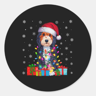 Pegatina Redonda Dog Ugly Xmas enciende Santa Hat Bernedoodle Dog C
