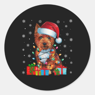 Pegatina Redonda Dog Ugly Xmas enciende Santa Hat Cairn Terrier Dog