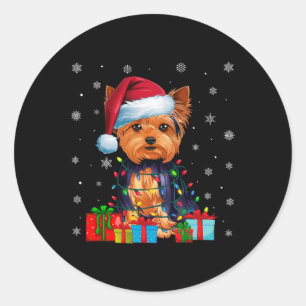 Pegatina Redonda Dog Ugly Xmas enciende Santa Hat Yorkshire Terrier