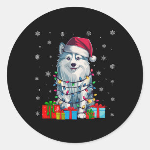 Pegatina Redonda Dog Ugly Xmas iluminan Santa Hat American Eskimo D