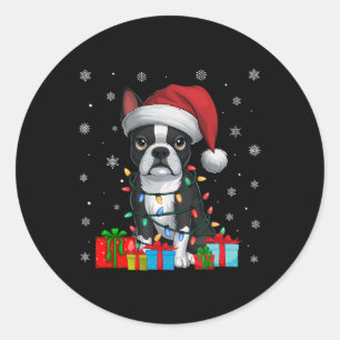Pegatina Redonda Dog Ugly Xmas iluminan Santa Hat Boston Terrier Ch