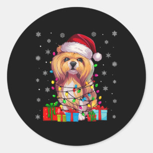 Pegatina Redonda Dog Ugly Xmas Luces Santa Hat Lhasa Apso Dog Chris