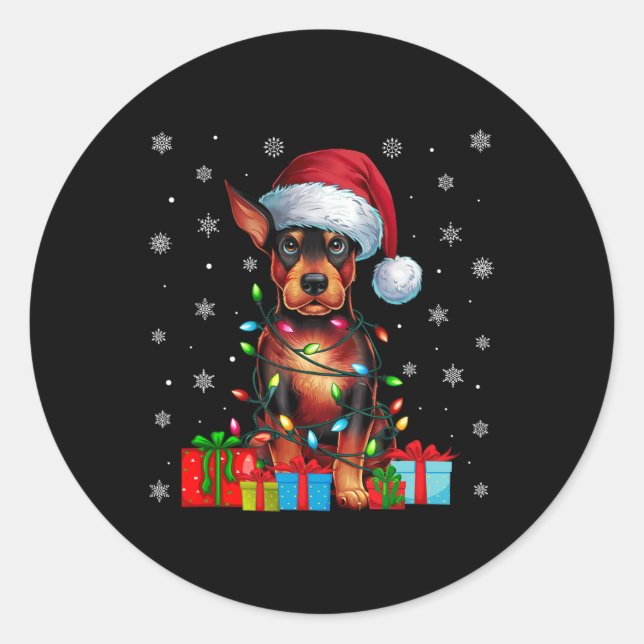 Pegatina Redonda Dog Ugly Xmas Luces Santa Ministra Perro Pinscher (Anverso)