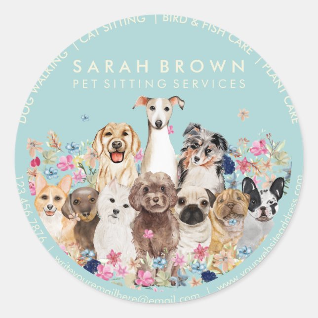 Pegatina Redonda Dogs on Floral Frame (Anverso)