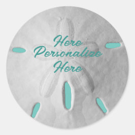 Pegatina Redonda Dólar de arena playa de verano turquesa blanco