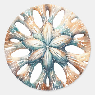 Pegatina Redonda Dólar de Arena Salpicadura de Océano Aguarela Nupc