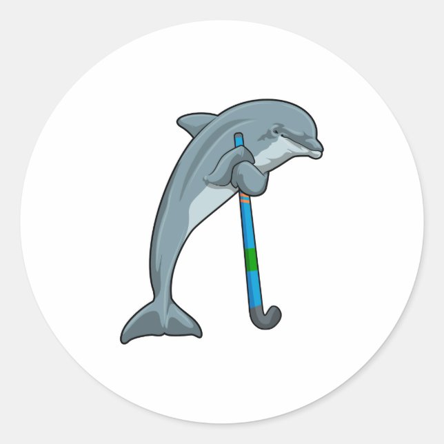 Pegatina Redonda Dolphin at Hockey with Hockey stick (Anverso)