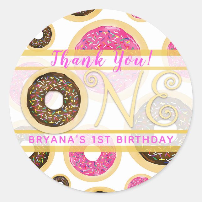 Pegatina Redonda Donas Brown Sprinkle Donut Cumpleaños UNO 1º Party (Anverso)