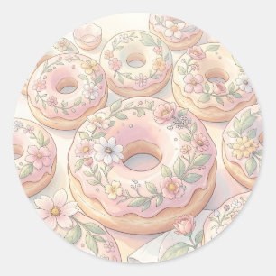 Pegatina Redonda Donas rosadas florales Ilustración Pastel