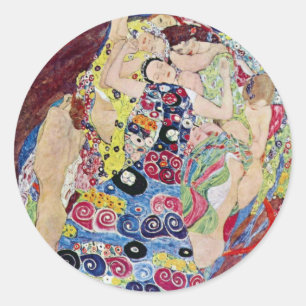 Pegatina Redonda Doncella (Virgen), Gustav Klimt, Arte Nouveau Anti