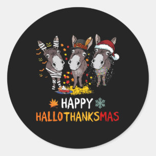 Pegatina Redonda Donkey Happy Hallothanksmas Halloween Acción de Gr