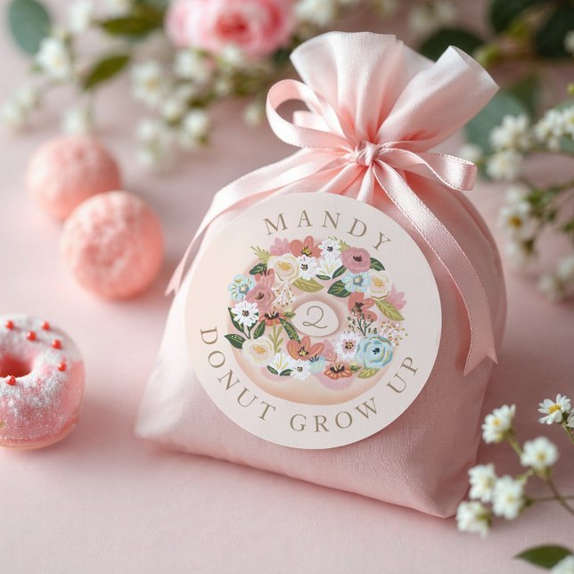Pegatina Redonda Donut Crece Floral Floral Blossom Donut Cumpleaños (Donut Grow Up Floral Blossom Donut Birthday Classic Round Sticker)