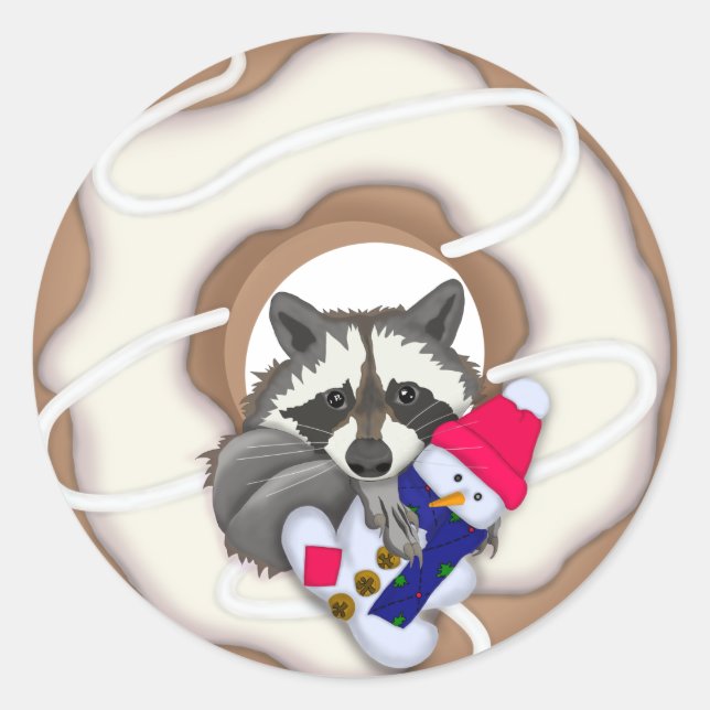 Pegatina Redonda Donut Raccoon con un diseño de Navidades snowman (Anverso)