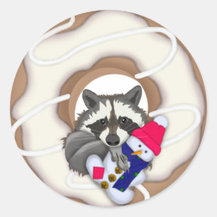 Pegatina Redonda Donut Raccoon con un diseño de Navidades snowman