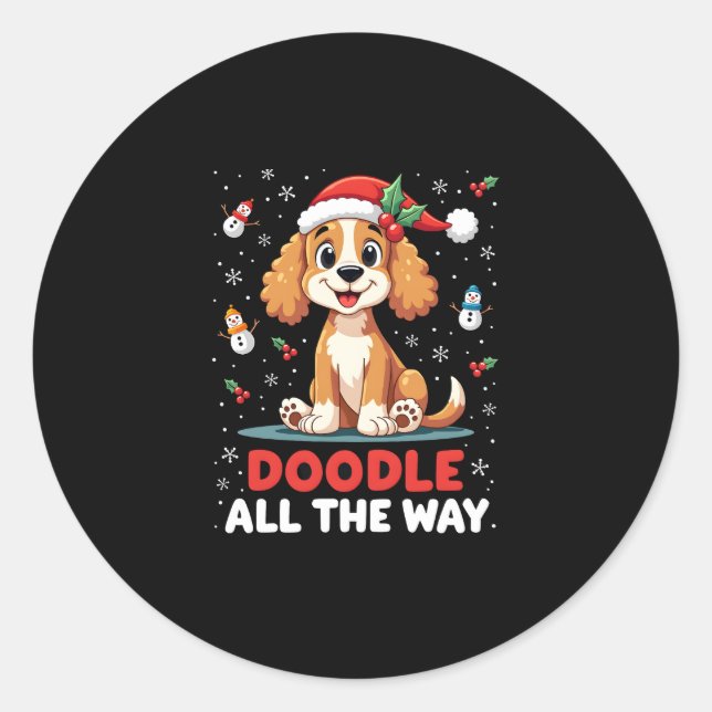 Pegatina Redonda Doodle All The Way Funny Goldendoodle Santa Hat Ch (Anverso)
