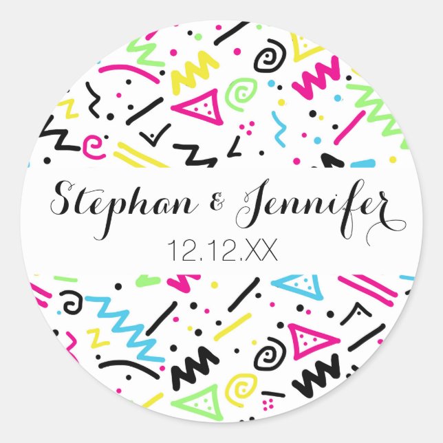 Pegatina Redonda Doodle amarillo azul neón verde neón de los años 9 (Anverso)