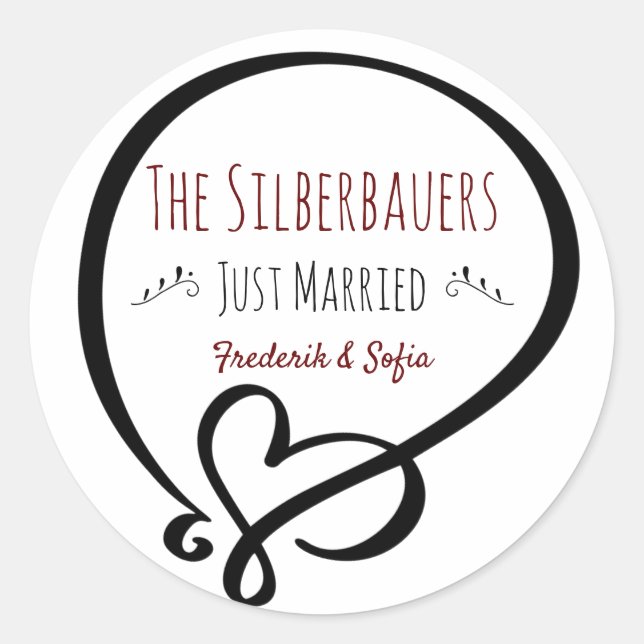 Pegatina Redonda Doodle cardíaco, recién casado, nombre de pareja (Anverso)