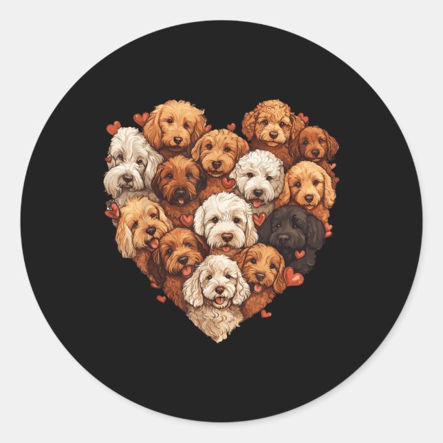 Pegatina Redonda Doodle Corazón en forma de Cute Goldendoodle Perro (Anverso)