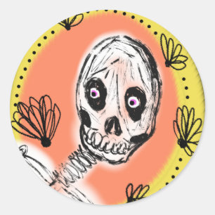 Pegatina Redonda Doodle de Halloween de esqueleto espeluznante
