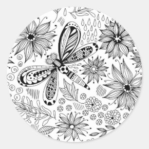 Pegatina Redonda Doodle de libélula y flores