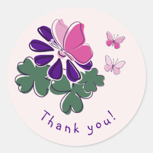 Pegatina Redonda Doodle de mariposa rosa floración púrpura ¡Gracias