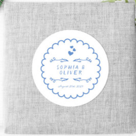 Pegatina Redonda Doodle De Onda Retro Boda Escrito A Mano Ilustrada