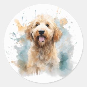 Pegatina Redonda Doodle de oro perro simple lindo acuarela moderna