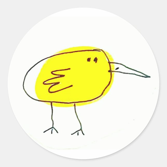 Pegatina Redonda Doodle de pájaro amarillo divertido (Anverso)