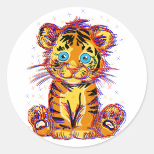 Pegatina Redonda Doodle de tigre bebé: La dulzura salvaje y los ojo