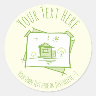 Pegatina Redonda Doodle del paisaje de la casa. Plantilla de regalo