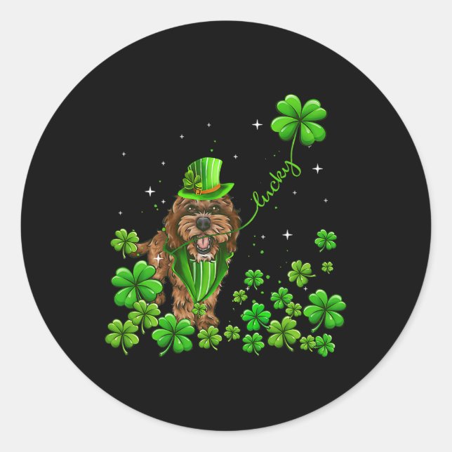Pegatina Redonda Doodle Dog Irlandés Green Shamrock Clover St Patro (Anverso)
