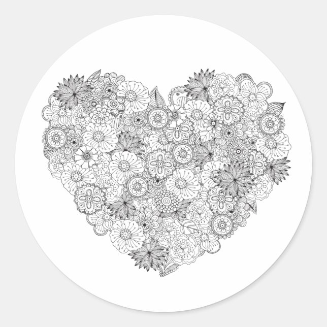 Pegatina Redonda Doodle Floral Heart (Anverso)