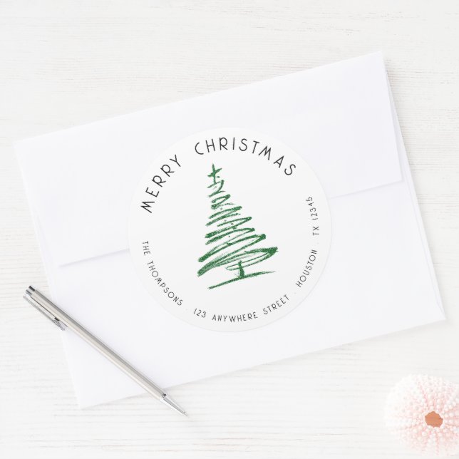 Pegatina Redonda Doodle Green Christmas Tree Return Address (Sobre)