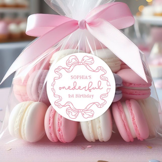 Pegatina Redonda Doodle Pink Bow Baby Girl Primer cumpleaños (Subido por el creador)