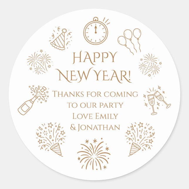 Pegatina Redonda Doodles Gold text New Year Party Thank you  (Anverso)