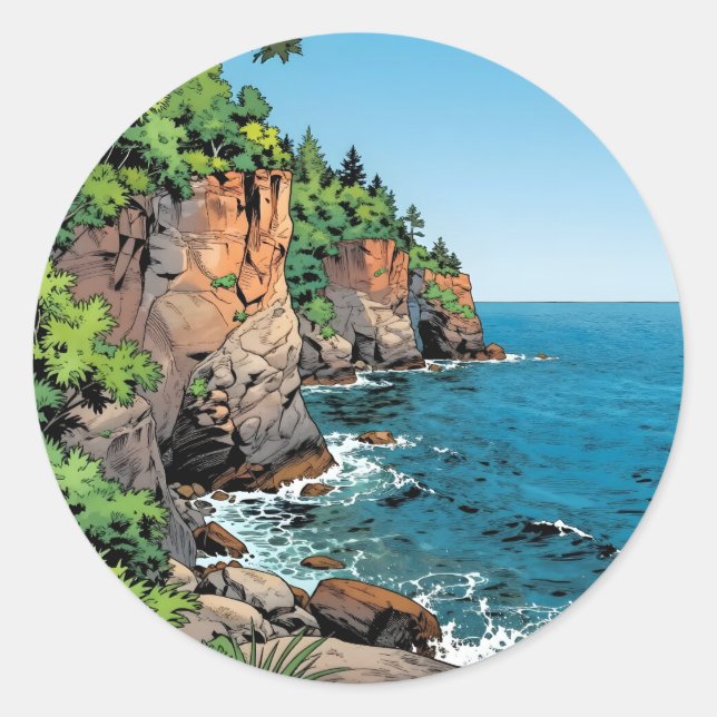 Pegatina Redonda Door County Illustration | The Bluffs and Lake (Anverso)